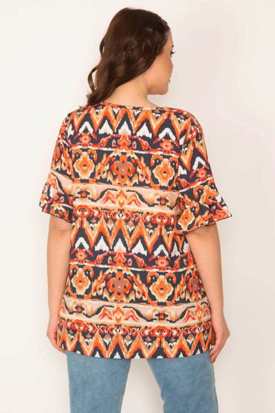 Şans Women's Plus Size Orange V-Neck Flounce Sleeve Blouse 65n32088