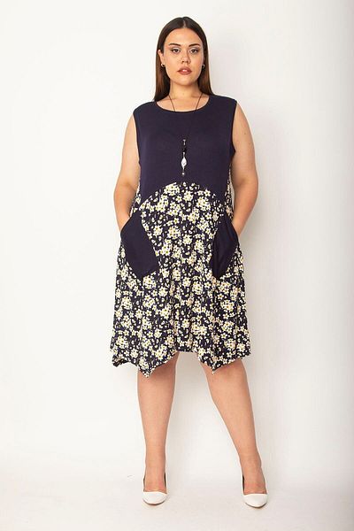 Şans Women's Large Size Navy Blue Floral Pattern Combination Viscose Dress 65n26971
