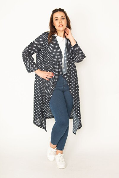 Şans Women's Large Size Navy Blue Polka Dot Patterned Crepe Cardigan 65n32723