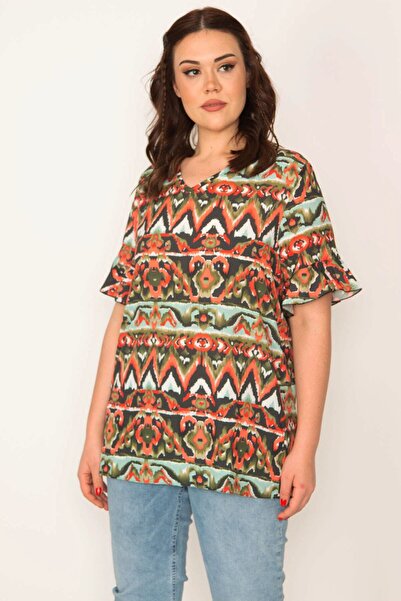 Şans Women's Large Size Khaki V-Neck Flounce Sleeve Blouse 65n32088