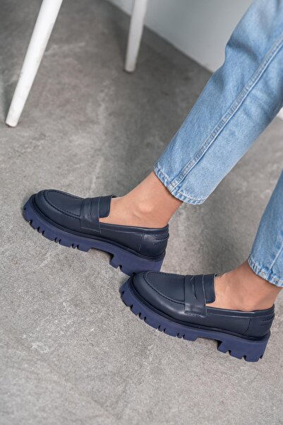 FS KOMBİN COLLECTİON Moena Lacivert Hakiki Deri Kadın Loafer Ayakkabı
