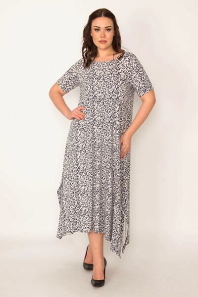 Şans Women's Plus Size Colorful Crew Neck Side Slit Long Dress 65n32017