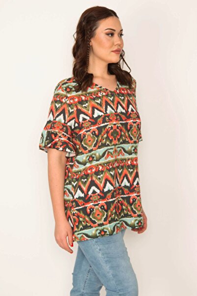 Şans Women's Large Size Khaki V-Neck Flounce Sleeve Blouse 65n32088