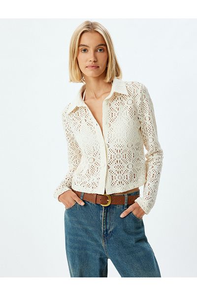 Koton Openwork Long Sleeve Slim Fit Crop Crochet Shirt
