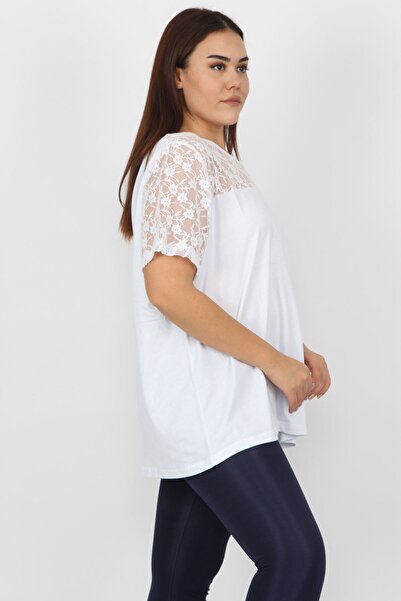 Şans Γυναικεία Μπλούζα με Δαντέλα από Λευκό Βαμβακερό ύφασμα μεγάλου μεγέθους 65n20711