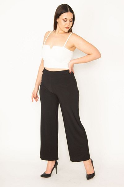 Şans Women's Large Size Black Sandy Fabric Trousers with Elastic Waist 65n31842