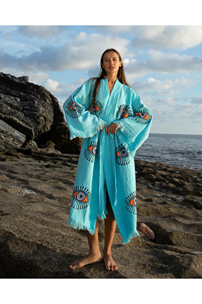 Befera Design رداء حمام موسلين كيمونو 100% قطن منقوش على شكل عين قفطان