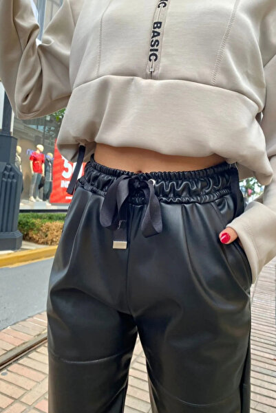 Qaju Beli Bağcıklı Diz Dikiş Detaylı Siyah Deri Pantolon