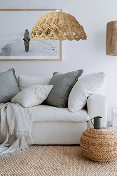 StapHome Bohem Rattan Bambu Hasır Avize Çap 30cm Açık Krem Renk