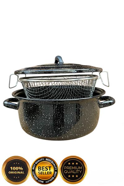 ENASHOP Enamel Chips Fryer Frying Pot with Black Lid - Practical and Convenient