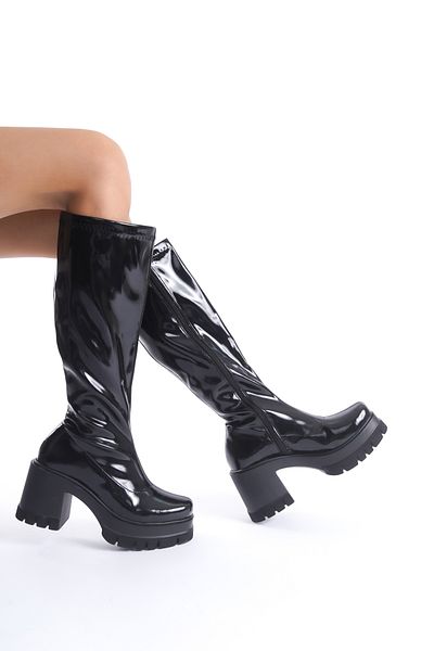 MARSEDO Emilly Black Patent Leather - Γυναικείες μπότες με χοντρό τακούνι με φερμουάρ