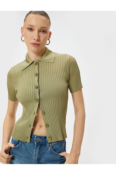 Koton Polo Neck Sweater Knitwear Ribbed Buttoned Short Sleeve Viscose