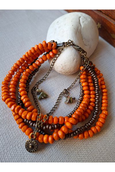 azra takı tasarım Handmade Wooden Tiny Natural Stone Detailed Orange Women's Bracelet