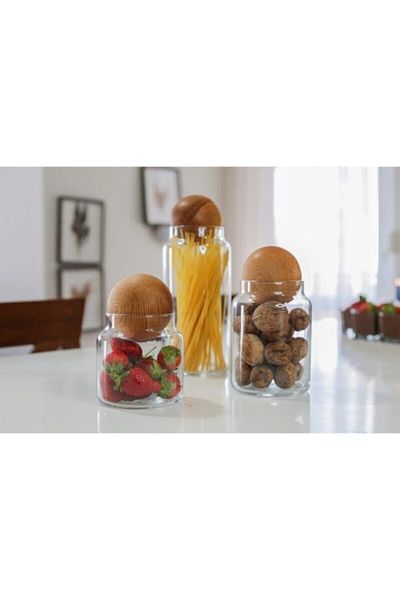 PAZAROLAY 3-Piece Glass Jar Set with Wooden Ball Lid