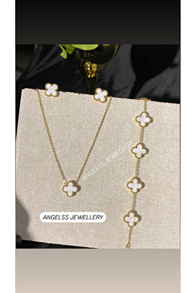 ANGELSS JEWELLERY Steel Necklace Bracelet Earring Set (Clover Model White Gol...