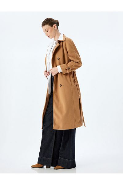 Koton Double Breasted Long Stitched Coat with Buttoned Pockets and Belt Detail