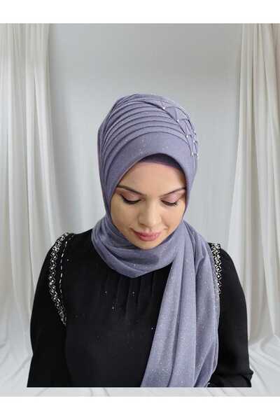 NurAy Silvery Dark Gray Stone Ready Turban Ready-Made Shawl Ready-Made Veil