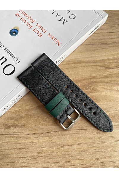 Prizma 22mm Düz Siyah Hakiki Deri Saat Kordonu. Yeşil Tasarım.