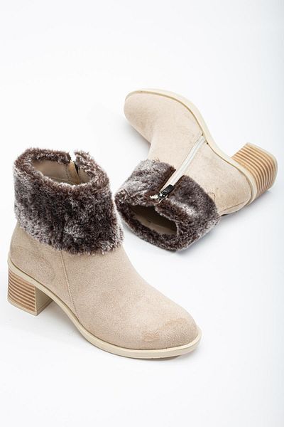 Dilimler Ayakkabı Μπεζ Suede Shearling - Γυναικείες μπότες με τακούνι με φερμουάρ, οβάλ μύτη