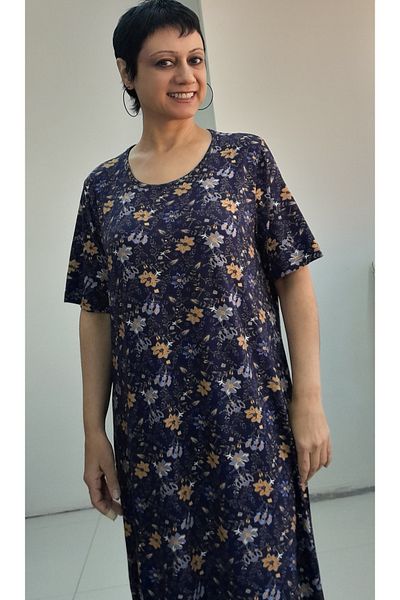Mertcan Butik Μπλε ναυτικό μοτίβο λουλουδιών κοντομάνικο χτενισμένο βισκόζη