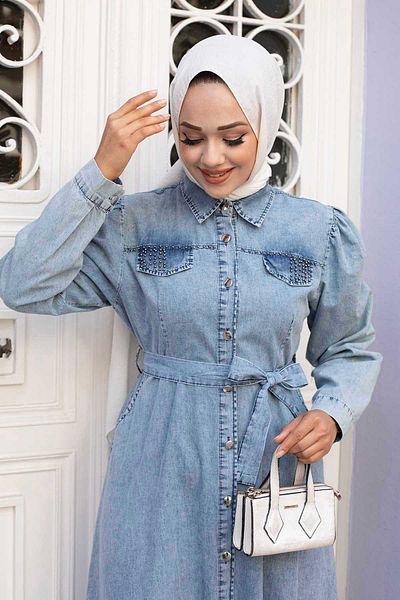 EBRUTESETTÜR Shirt Collar Length Buttoned Hijab Denim Dress
