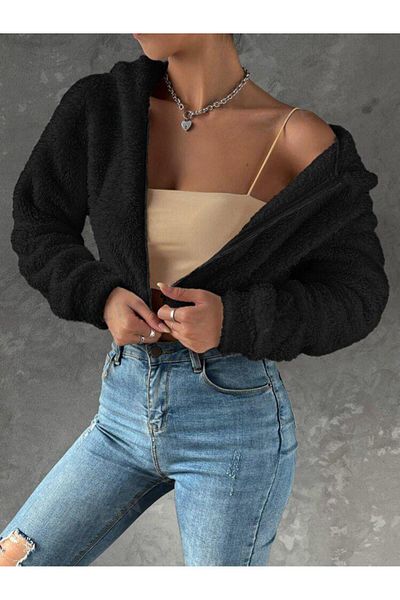 MİSS M.A.T FASHİON Women's Plush Crop Fitted Hooded Zip Zippered Fleece Cardigan Sweatshirt
