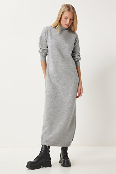 Lovelyİstanbul Дълга плетена рокля с поло яка, СИВ МЕЛАНЖ LDD0093