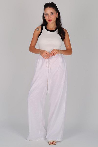 FACETTE Pantaloni albi de in - femei, talie elastica