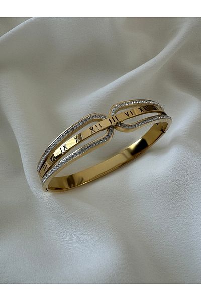 HERCY Stainless Steel Handcuff Bracelet - Roman Numeral and Zircon Stone