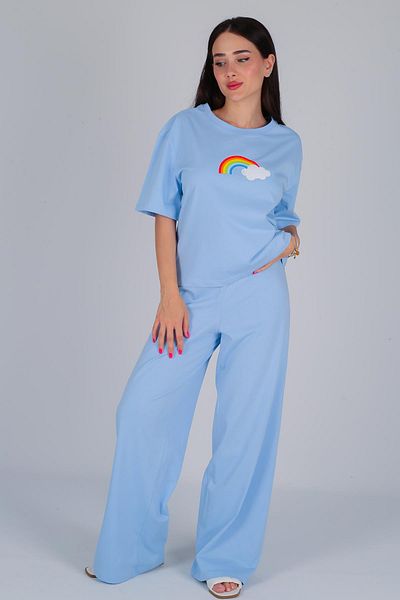 FACETTE Set de pijamale cu pantaloni tricou cu model curcubeu albastru pentru femei