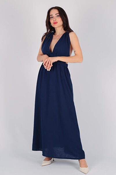 FACETTE Navy Blue Women's Long Dress - Backless