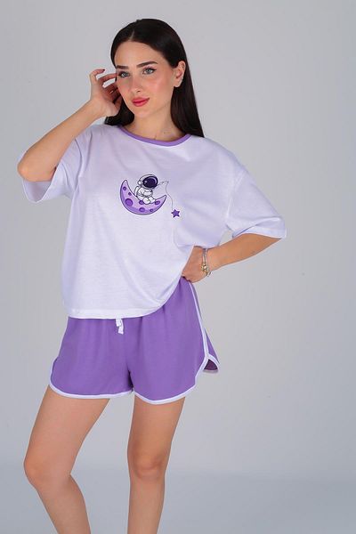 FACETTE Women's Lilac Astronaut Pattern T-Shirt Shorts Pajamas Set