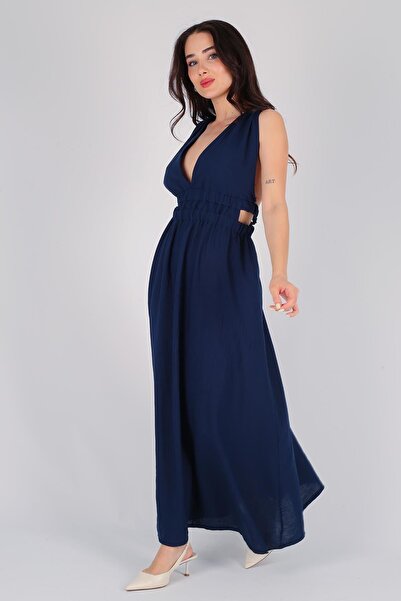 FACETTE Navy Blue Women's Long Dress - Backless