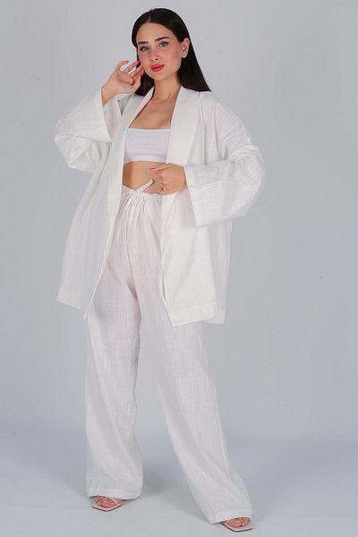 FACETTE Set kimono și pantaloni din in alb - Femei