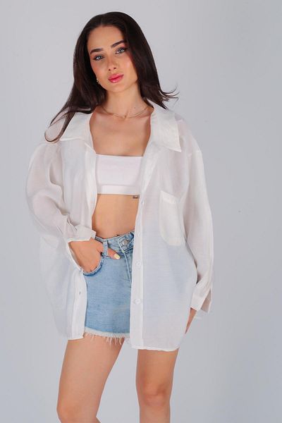 FACETTE Cămașă albă oversize fără umăr pentru femei