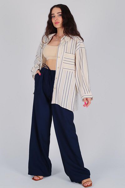 FACETTE Cămașă de damă din in oversize cu dungi bleumarin
