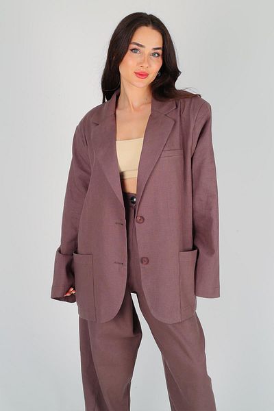 FACETTE Кафяво дамско яке Oversize от лен - Закопчано