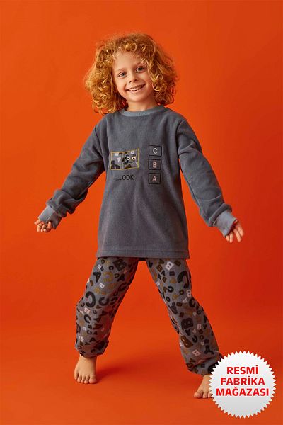 Aydoğan Boy's Fleece Winter Gray Pajamas Set Long Sleeve A3-3 - 1672 -