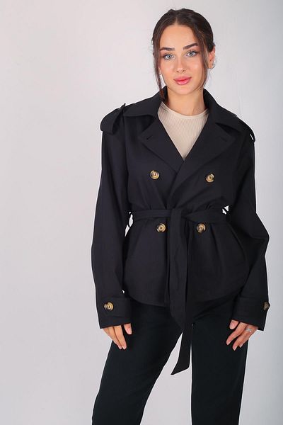FACETTE Women's Black Belted Short Trench Coat