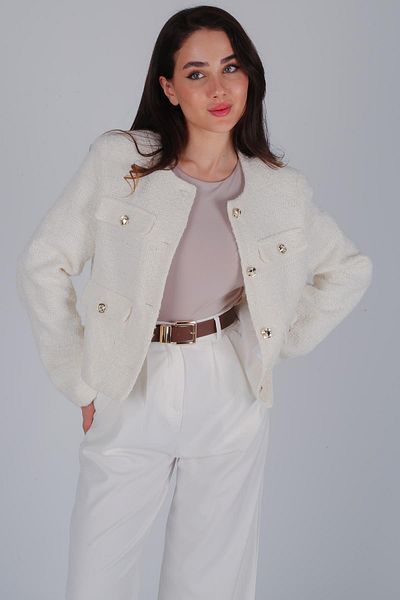 FACETTE Women's Ecru Button Detail Tweed Jacket