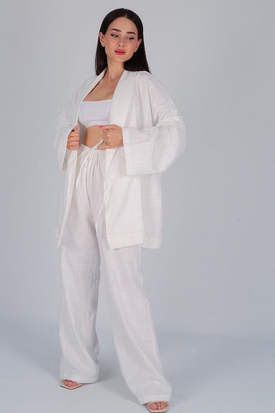 FACETTE Set kimono și pantaloni din in alb - Femei