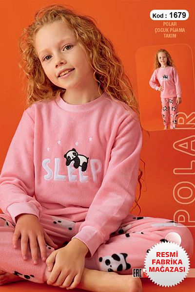 Aydoğan Winter Pink Fleece Powder Girls Pajamas Set, Long Sleeve A4-1 - 1679
