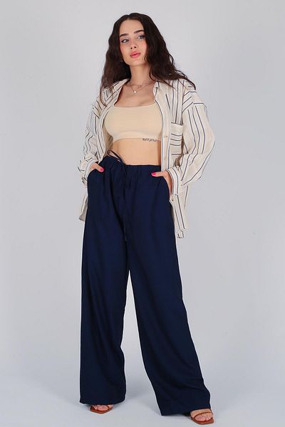 FACETTE Pantaloni de damă cu șireturi bleumarin - picior lat