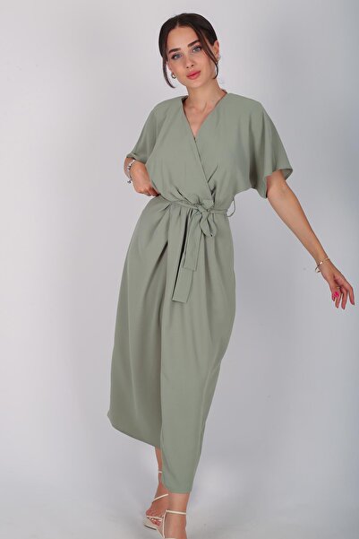 FACETTE Women's Green Slit Belted Long Dress