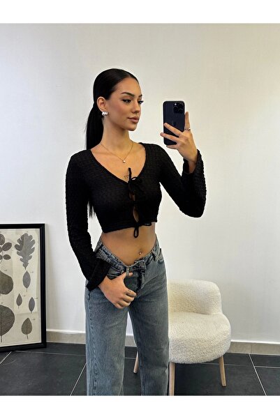 Zoom Butik Ön Bağlamalı Kol İspanyol Bürümcük Bluz - SİYAH