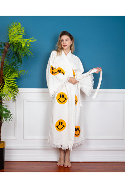 Befera Design Muslin Kimono 100% Cotton Smiling Emoji Patterned Bathrobe Caftan Dressing Gown
