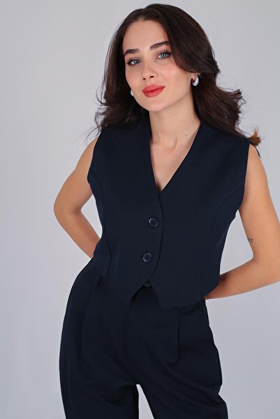 FACETTE Women's Navy Blue Buttoned Short Vest