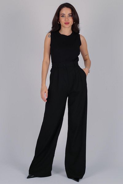FACETTE Pantaloni Palazzo negri cu elastic cu talie înaltă FC pentru femei