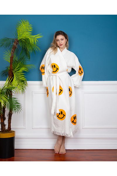 Befera Design Muslin Kimono 100% Cotton Smiling Emoji Patterned Bathrobe Caftan Dressing Gown