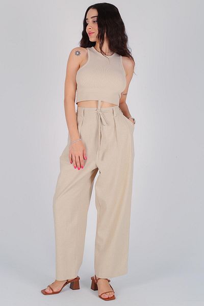 FACETTE Pantaloni de damă din in bej - Design cu șireturi